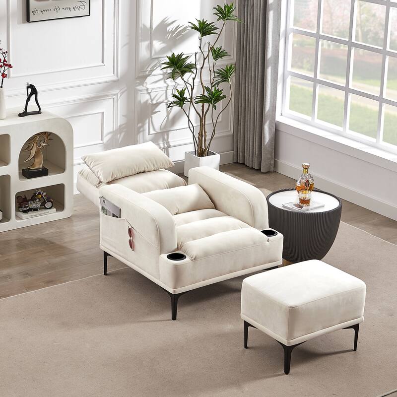 Accent Chairs with Ottoman, Velvet Fabric Armchair with Ottoman for Bedroom Living Room, Adjustable Backrest and Side Pockets