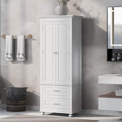 24 in. W x 15.7 in. D x 62.5 in. H Tall Freestanding Linen Cabinet with 3 Adjustable Shelves and 2 Drawers in White