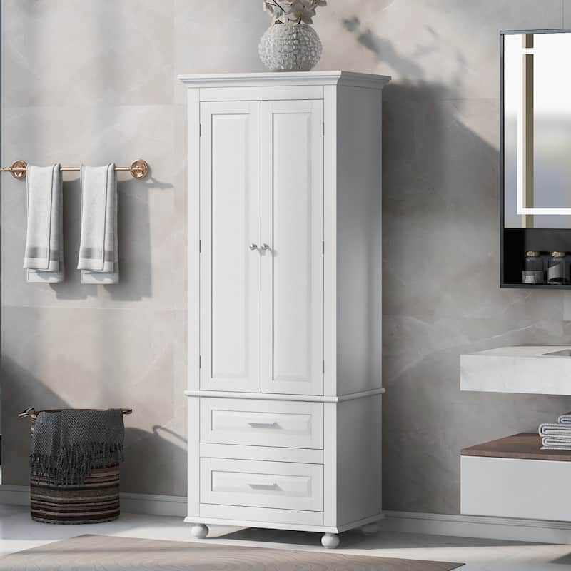 Tall Storage Cabinet with Two Drawers for Bathroom/Office, White - White