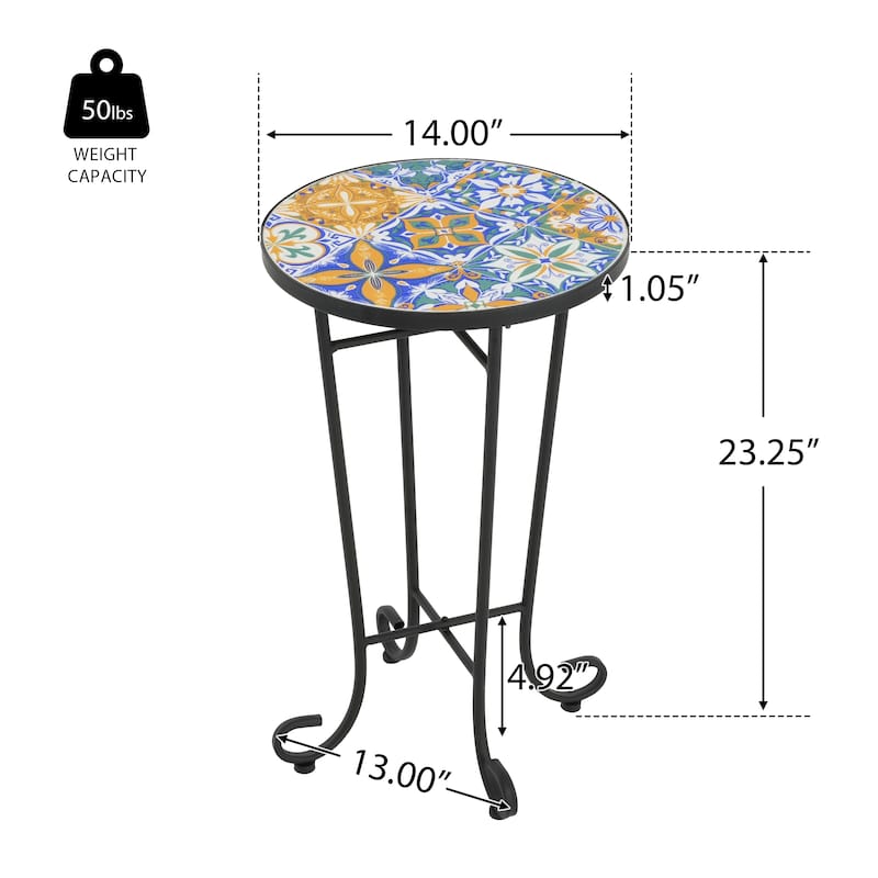 Roomfitters Mosaic Outdoor Patio Side Table with Ceramic Tile Top and Curvy Legs, Colorful