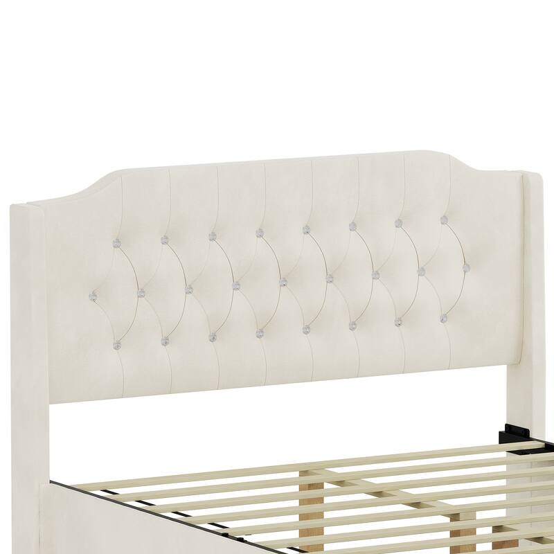 Queen Size Velvet Tufted Upholstered Bed Frame with Crystal Button Headboard