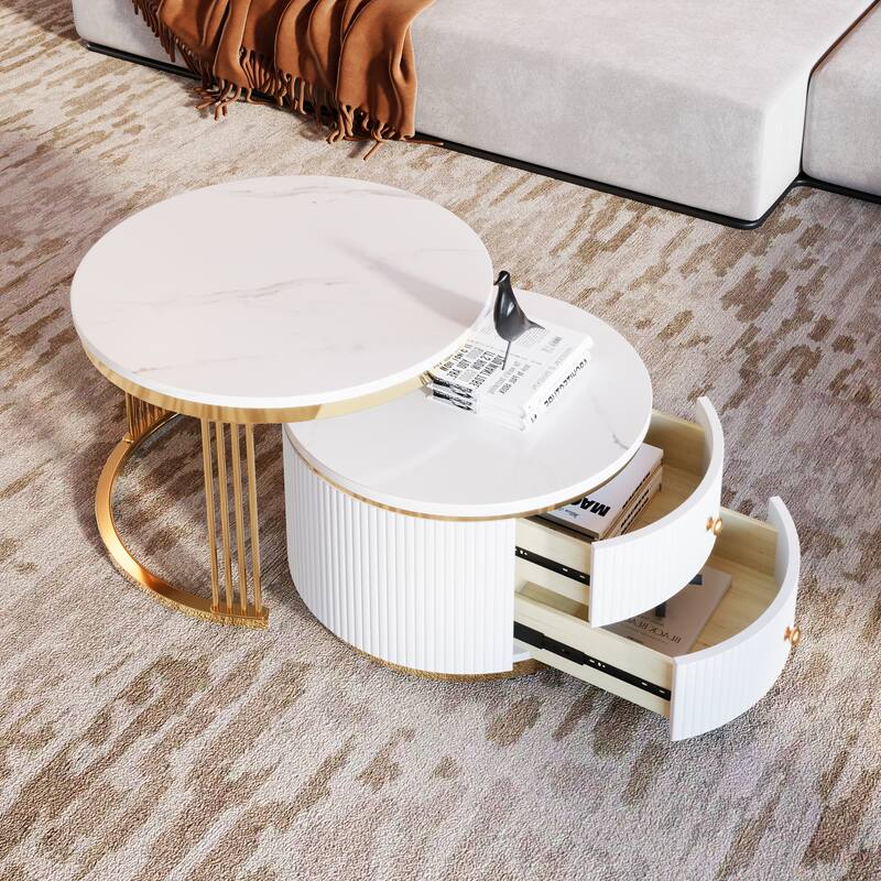 Roomfitters Modern 2-Piece White Round Nesting Coffee Table Set with Gold Base and Storage Drawers 27.6"