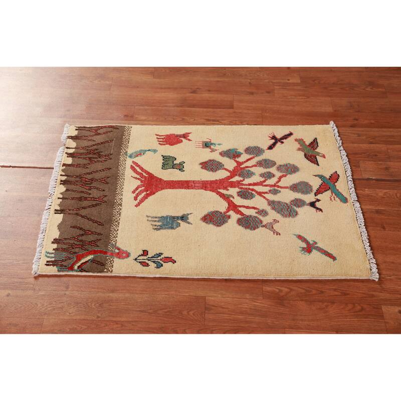 Animals Pictorial Kazak Oriental Foyer Rug Hand-Knotted Wool Carpet - 2'0"x 3'0"