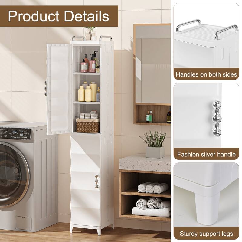 VECELO White Waterproof Plastic Bathroom Storage Cabinet with Adjustable Shelves Space Saving Narrow Cabinet with Handles
