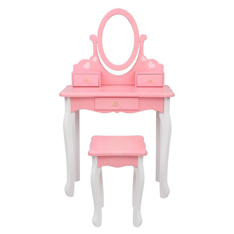 Kids Three Drawers Wooden Dressing Table Round Mirror with Stool