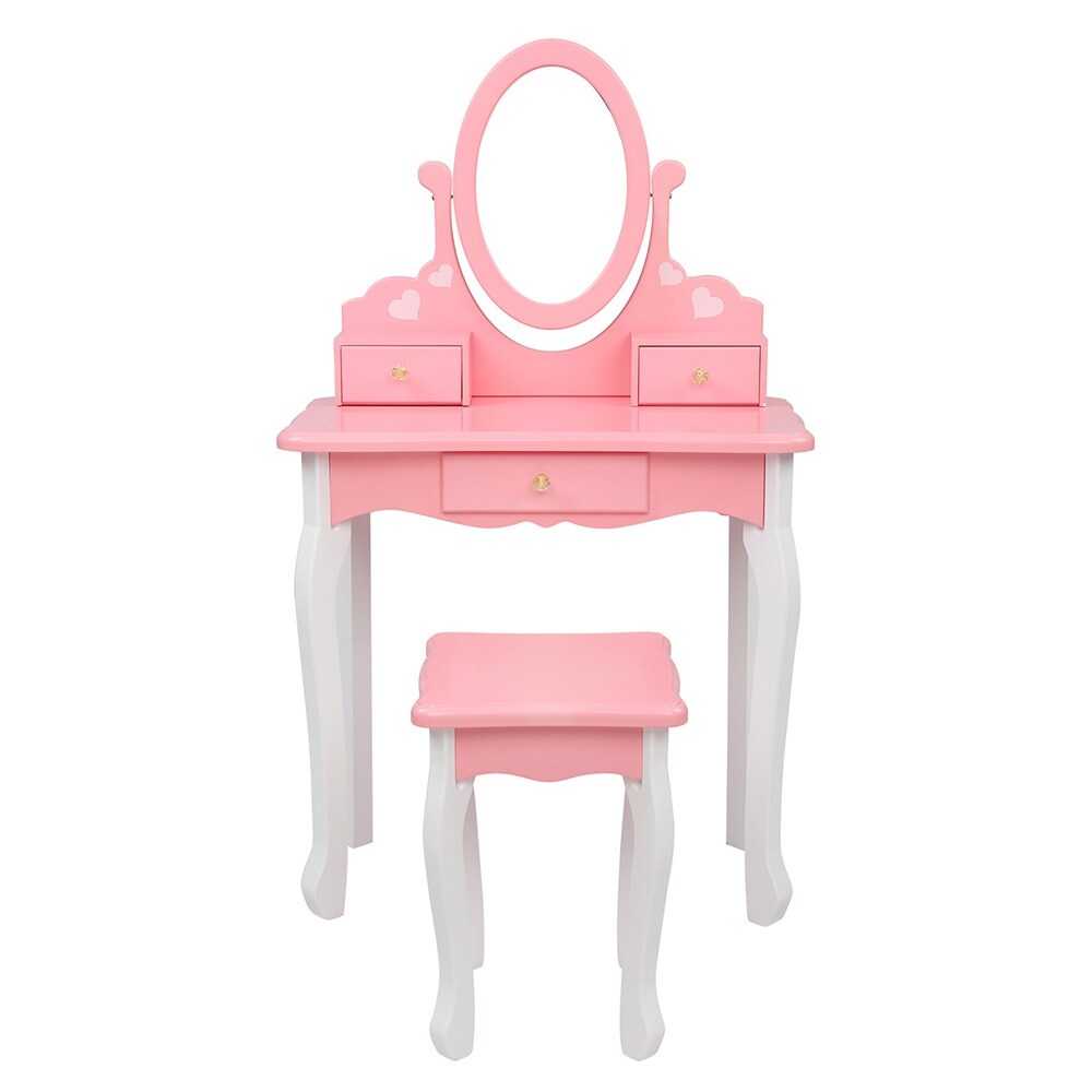 Kids Vanity Table And Stool Set Wooden Dressing Table Reversible Round Mirror Overstock 32546722 Pretty pink amelia wooden dressing table. kids vanity table and stool set wooden dressing table reversible round mirror