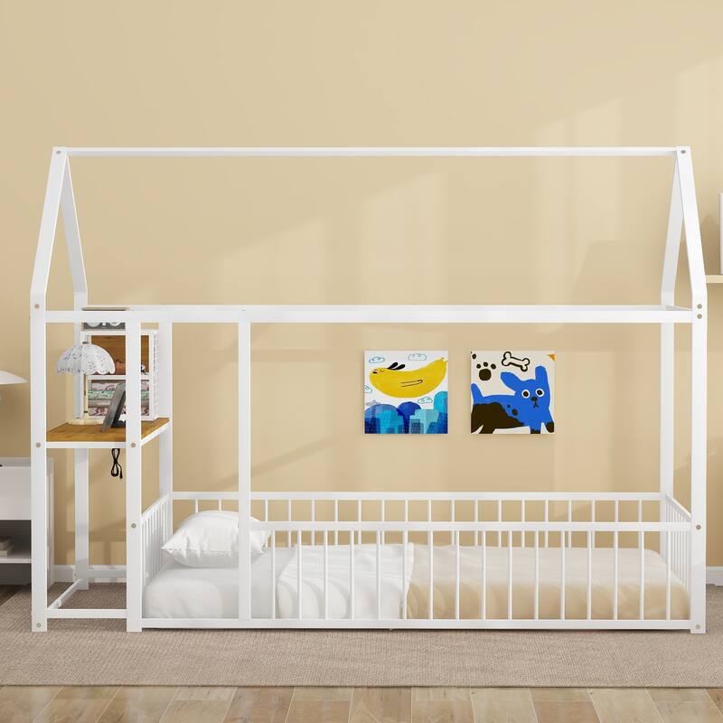 House Bed with Desk and Storage - Twin/Full Metal Frame with USB Ports, Power Outlets, and Shelves - White-1 - Twin