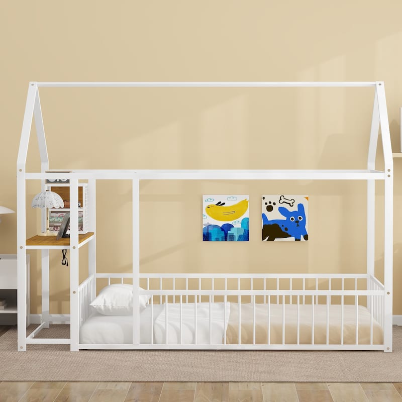 Twin Size Metal House Platform Bed Frame with Built-In Desk, USB Charging And Storage Shelves