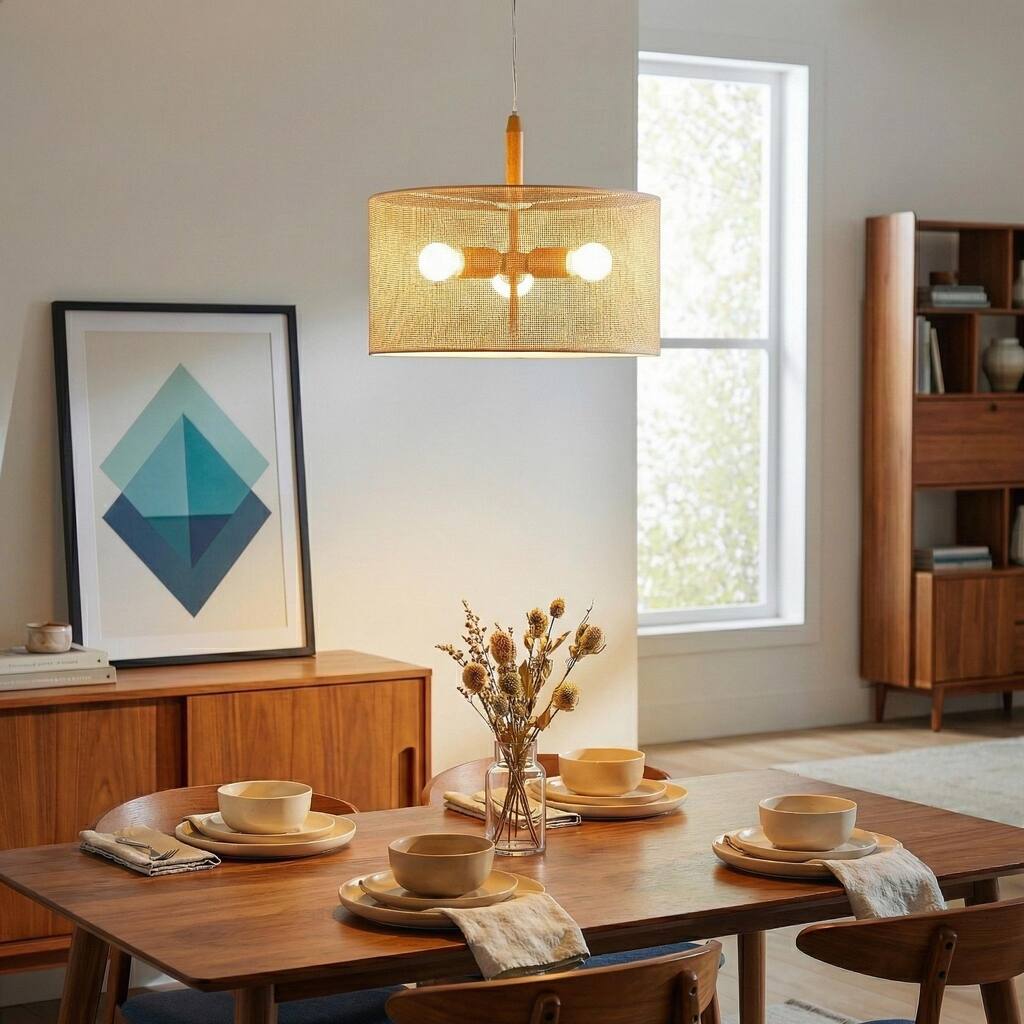 Choi Natural Woven Drum Pendant Light with Wooden Accents