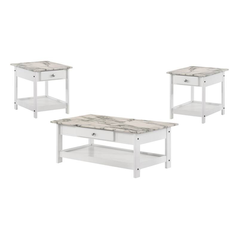 DH BASIC Transitional Rubberwood 3-Piece Open-Shelf Coffee Table and End Table Set with Drawer by Denhour