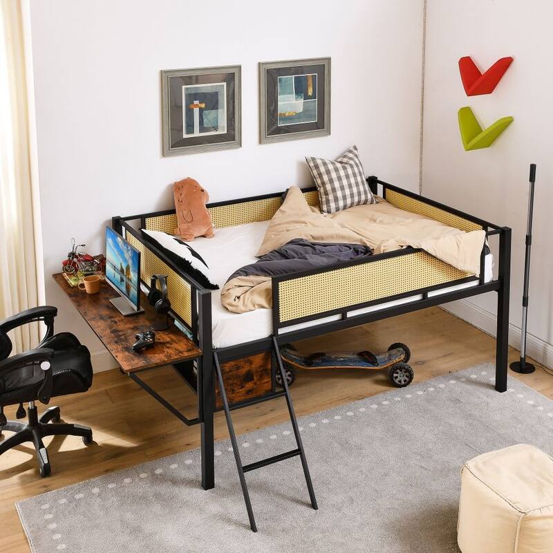 Metal Double Bed Loft Bed with Rectangular Desk, LED Lights - Black+Brown - Full