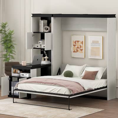 Modern Full Size Murphy Bed with Desk and Storage Shelves and Cabinets, Foldable Hidden Wallbed Bed for Bedroom, Apartment