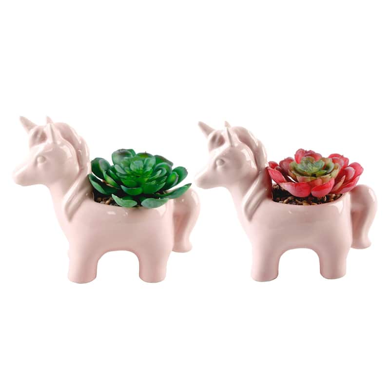 Artificial Plant in CERAMIC UNICORN Pot, Set of 2 - ONE-SIZE - Pink