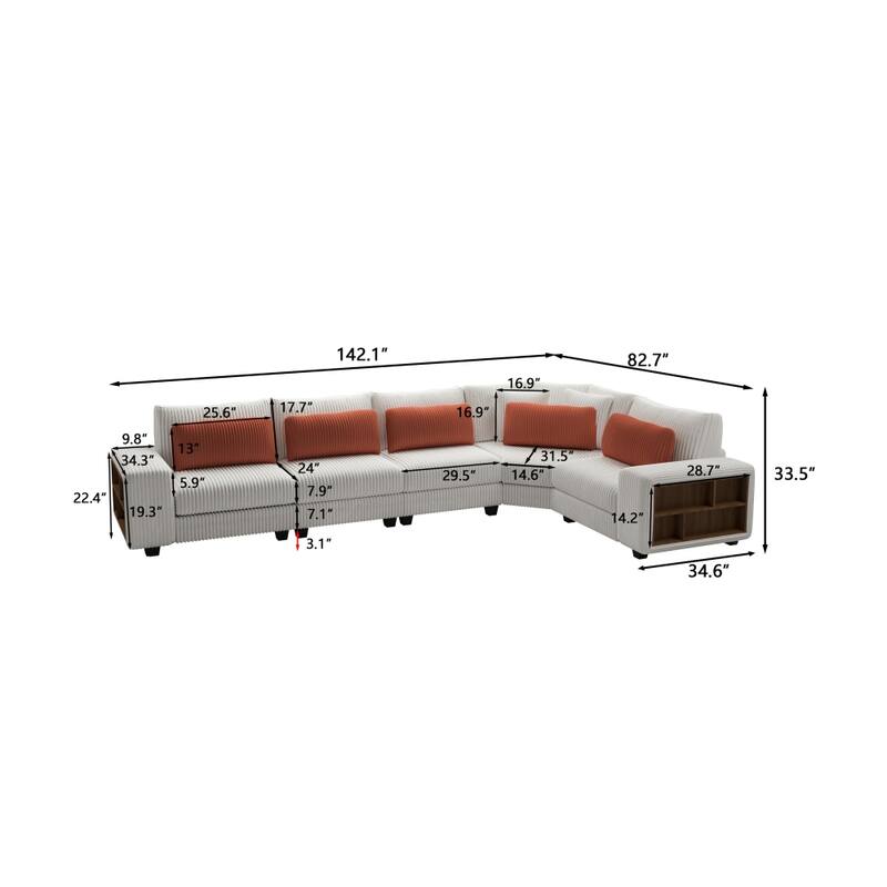 Cream Modular Sectional L-Shaped Sofa with Armrest Wooden Frame Locker