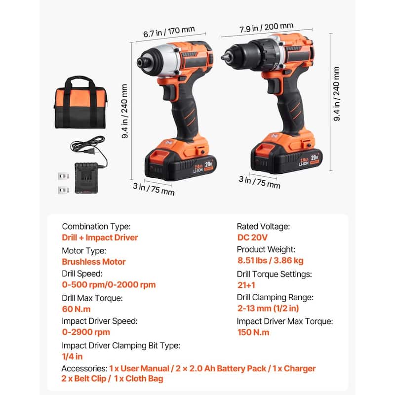 Black and Orange 20V Brushless Drill and Impact Driver Set with 2Ah Batteries and Dual Speed 2 Tool Set - 6.7 x 3 x 9.4 in