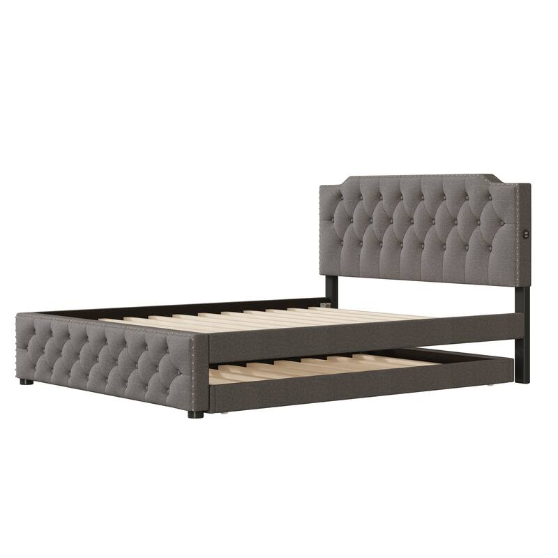 Queen Size Upholstered Platform Bed with Twin Size Trundle and 2 sets of USB Ports on each side, Linen Fabric