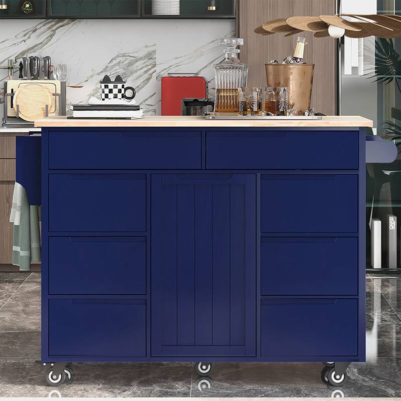 Kitchen Cart With Rubber Wood Countertop, Large Storage Space Flatware Organizer With Spice Rack, Towel Rack