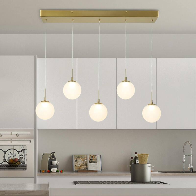 Icey Mid-Century Modern Gold LED Chandelier 31.5" 5-Light Linear Island Lights for Dining Room - 31.5" L x 4.7" W x 8" H