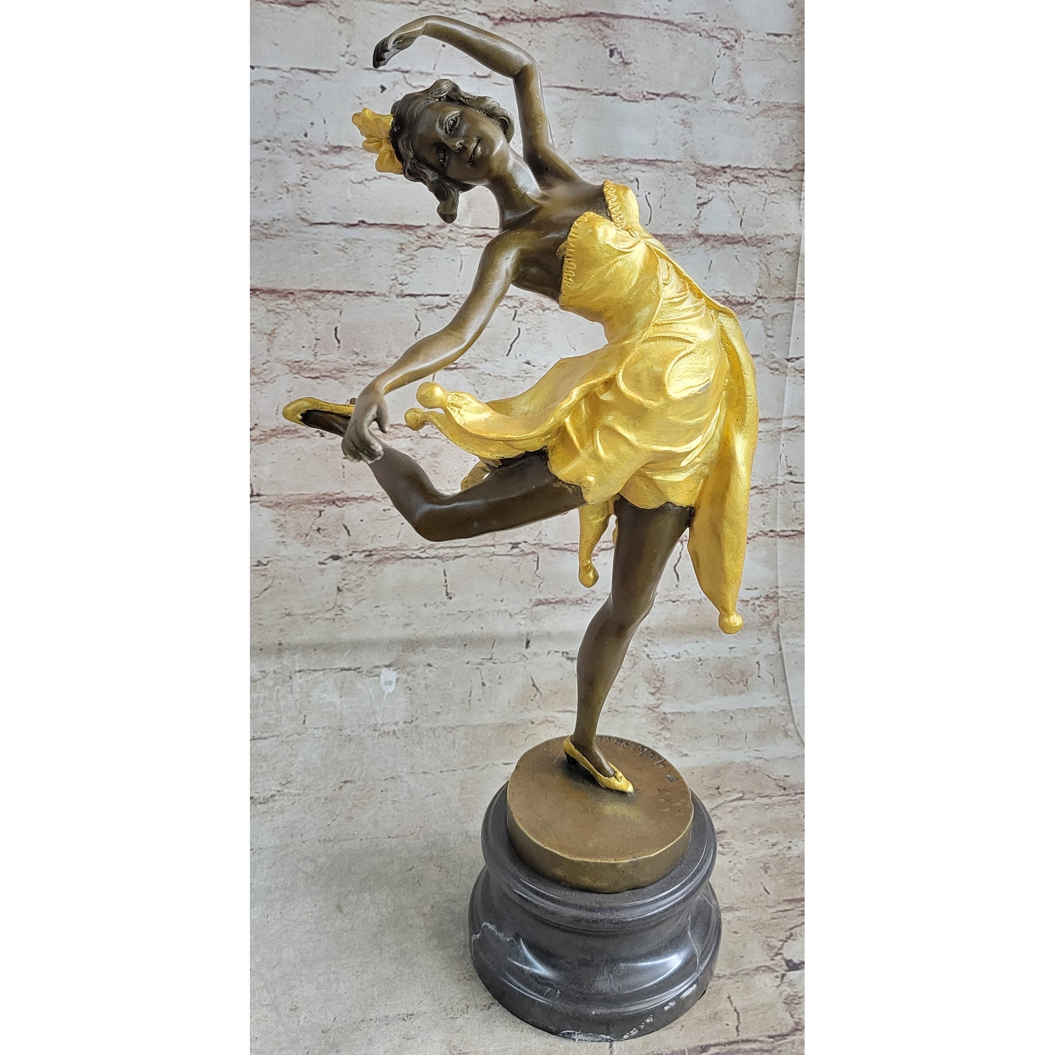 Art Deco Female Dancer Girl With Bow In Hair Gold Patina Bronze Statue Sculpture On Marble Base