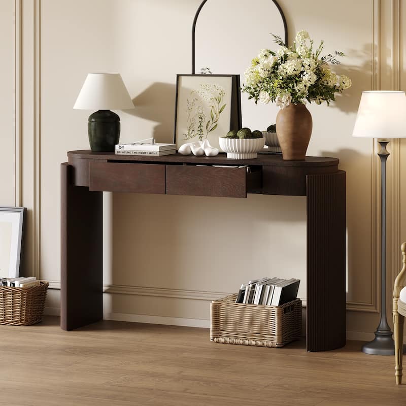 Roomfitters Entryway Console Table with Natural Wood Finish, Oval Top, Fluted Legs and 2 Storage Spaces