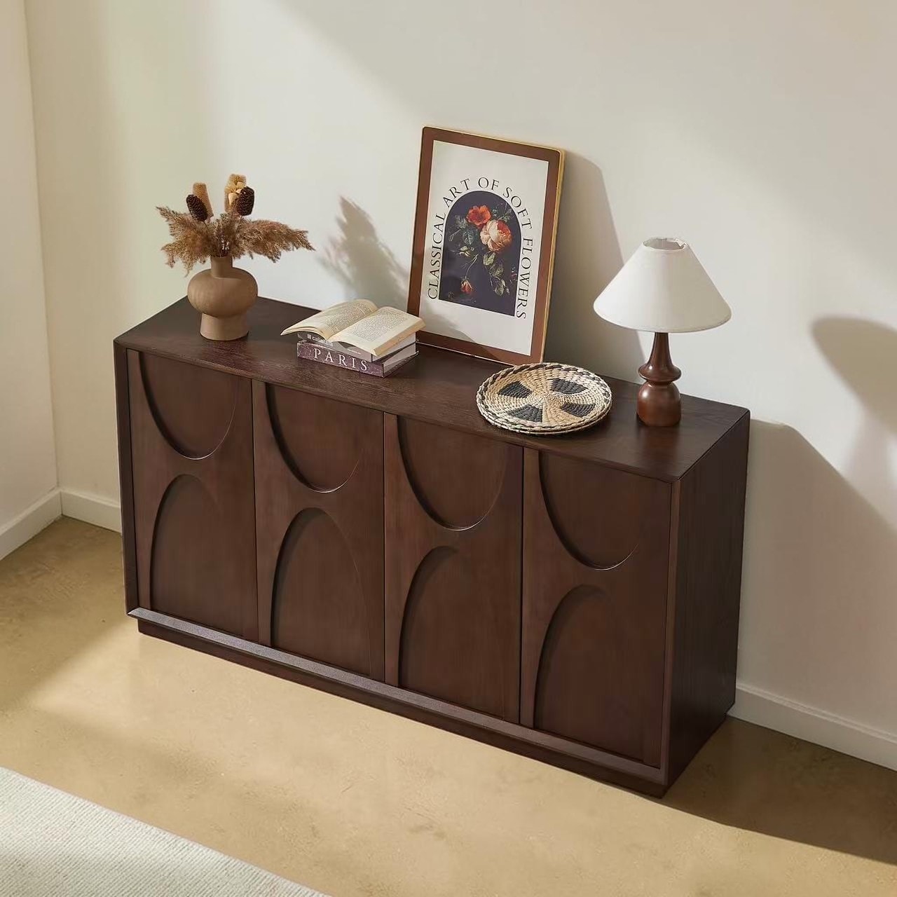 Modern 4 Door Accent Cabinet with Adjustable Shelves, Solid Wood Carved Sideboard with Cable Management