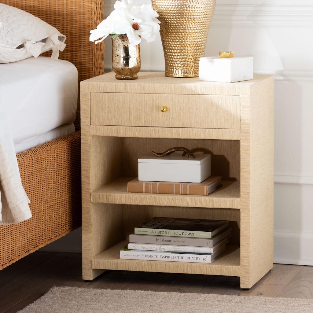 William Grasscloth 1-Drawer Nightstand with Open Shelves - Woven Texture Bedside Table with Gold Knob, Modern Coastal Accent