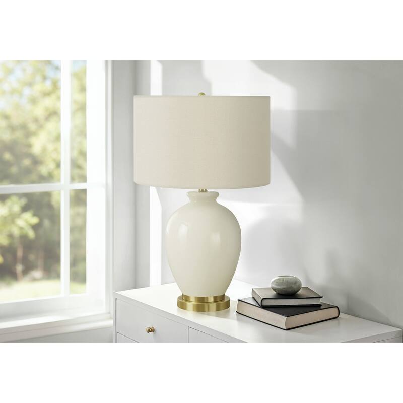 Ceramic Table Lamp 26 Inch Height with Linen Shade 3 Way Switch - Cream