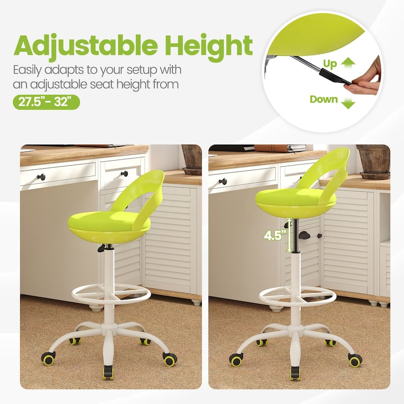Green Ergonomic Swivel Seat Drafting Stool with Adjustable Height and Breathable Mesh Back - 20.5" x 18.5" x 35"-39.5"