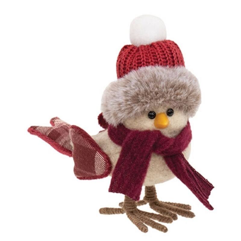 Fabric Burgundy Winter Bird Plush Holiday Decor Tabletop Figurine with Hat and Scarf - 5.5” H × 4.75” W × 2.5” D - Red