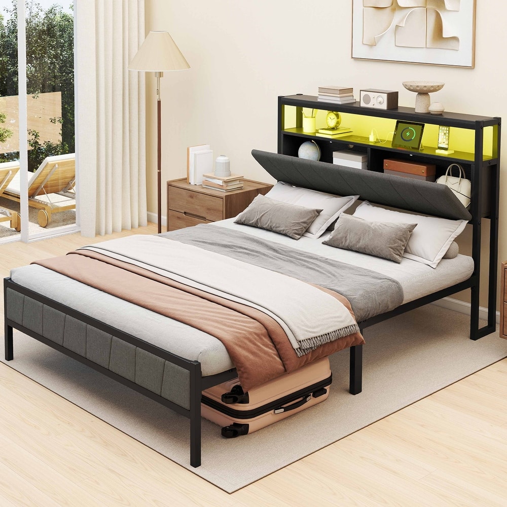 Storage Upholstered Platform Bed with LED Lighting Included and Built In USB Port
