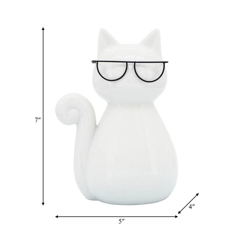 Sagebrook Home Porcelain Cat Statue White Kitty with Glasses Decorative Sculpture