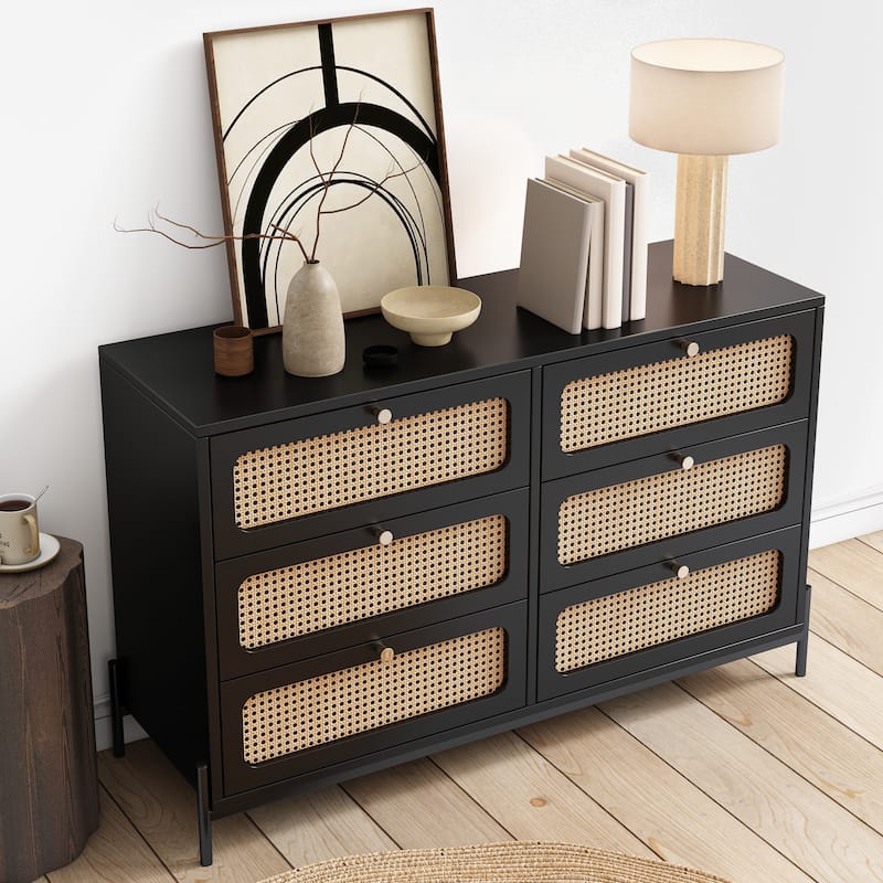Modern Cannage Rattan Wood Closet 6-Drawer Dresser