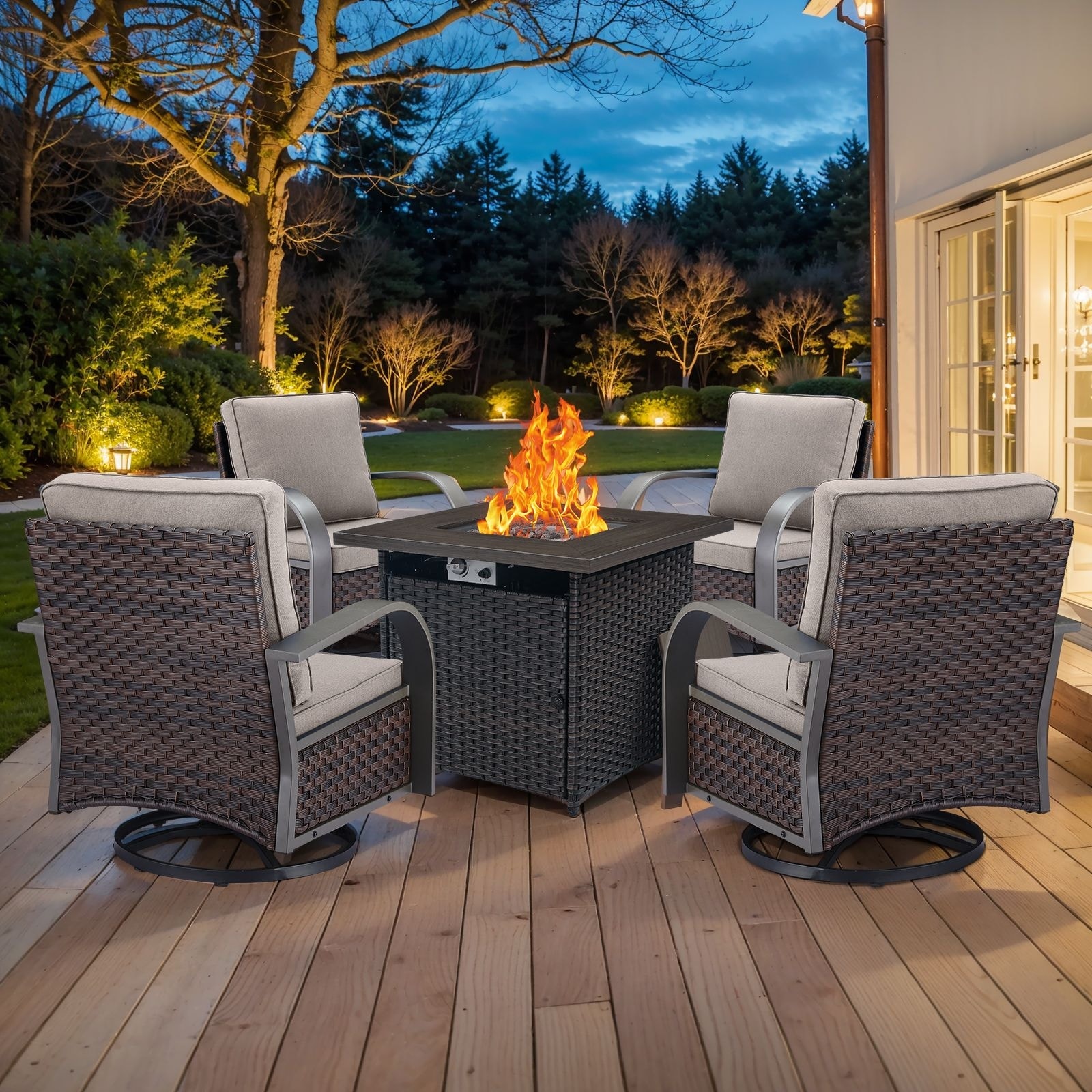 4Pieces Patio Swivel Chairs with Fire Pit Table - Beige cushion - Brown