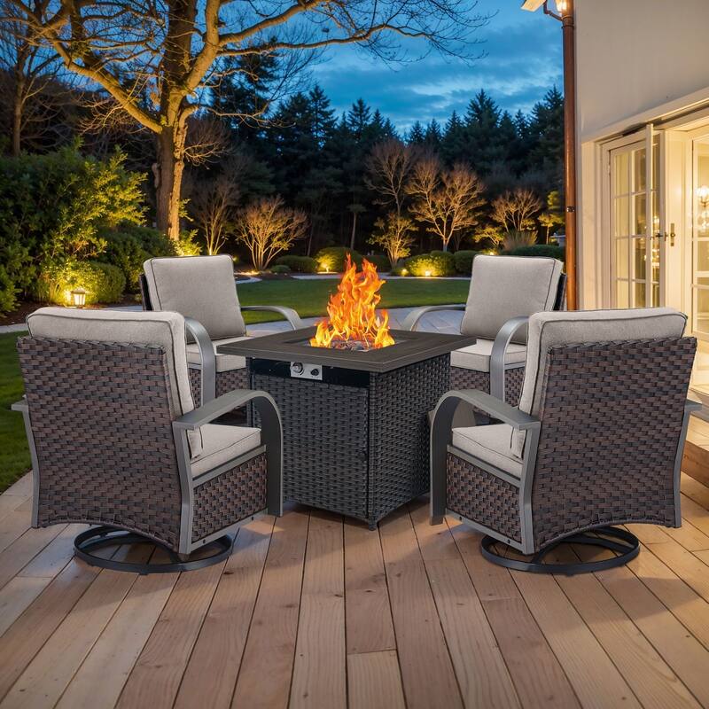Outdoor Fire Pit with Funiture Set - Brown Rattan - Beige Cushion - 5PC-Swivel Chair w/ Rattan Fire Table