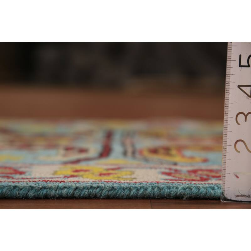 Light Blue Geometric Kazak Indian Runner Rug Handmade Wool Carpet - 2'6"x 9'11"