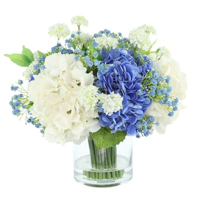 Classic Hydrangea and Baby's Breath Arrangement in Glass Vase
