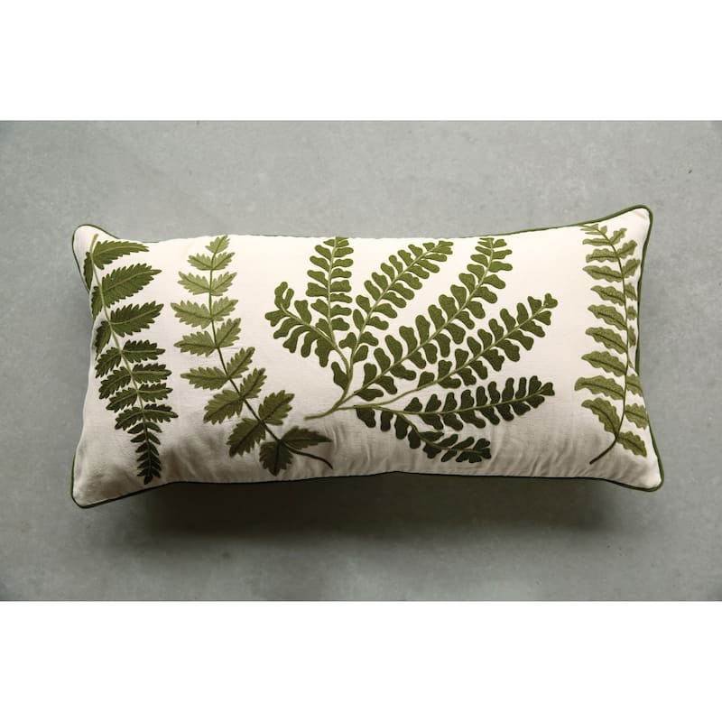 White Rectangle Cotton Pillow with Embroidered Green Ferns