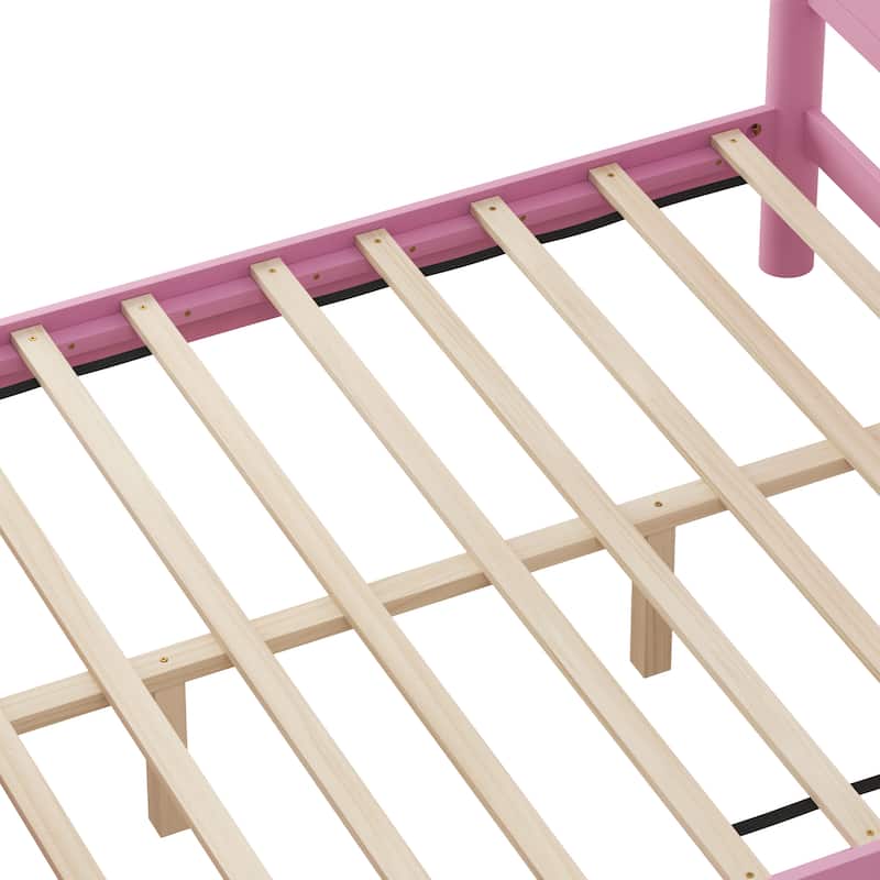 Queen Size Pink Wood Platform Bed with Headboard, Solid Wood Legs, 10-Slat Mattress Foundation, No Box Spring Needed