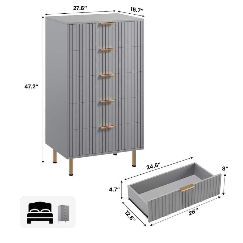 5 Drawer Fluted Dresser for Bedroom, Tall Modern Chest of Drawers with Deep Storage and Wide Top