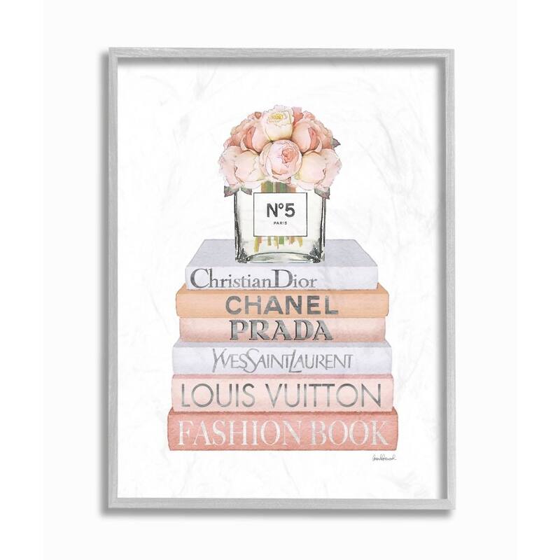Stupell Delicate Pink Roses and Iconic Fashion Style Bookstack Framed Wall Art - 16 x 20 - Grey