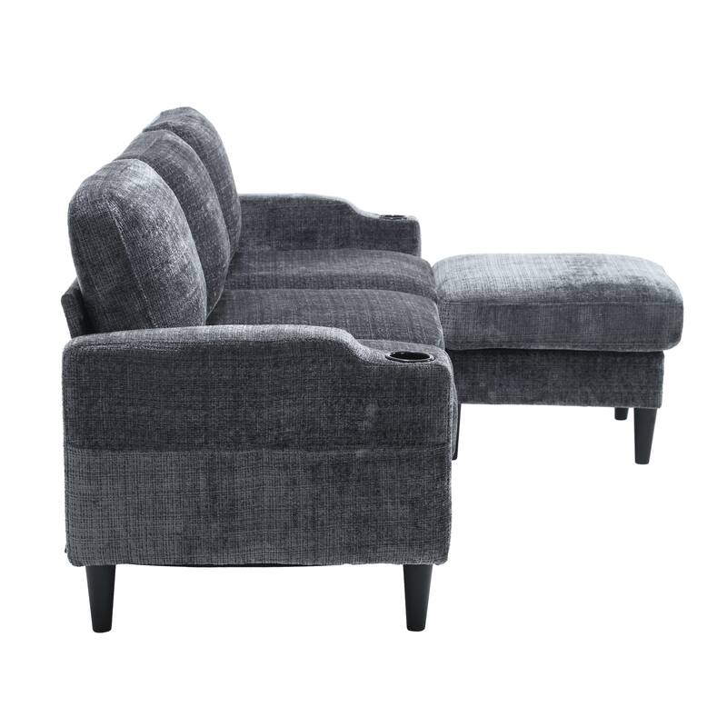 Modular Sectional Sofa with Storage Ottoman, Comfy Chenille Fabric Sofa, 3-Seater Sofa with Side Pockets & 2 Cup Holders
