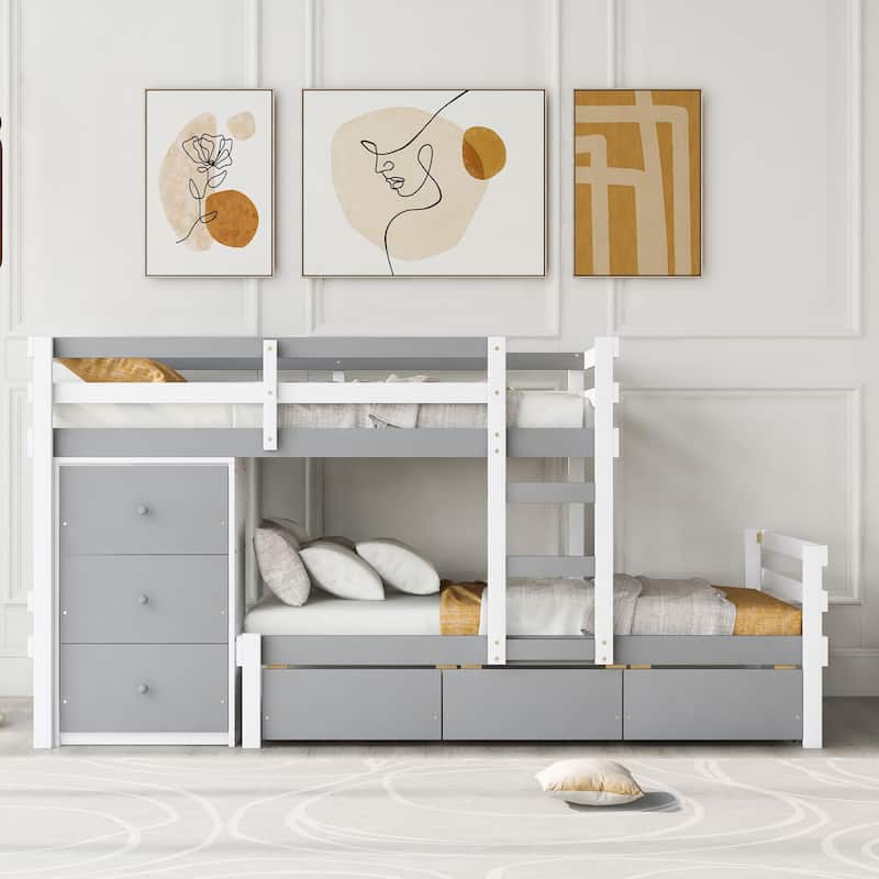 Twin over Twin Loft Bunk Bed with Ladder and Safety Guardrail, Solid Pinewood Twin Size Bunk Bed Frame with 6 Storage Drawers - Gray - Twin