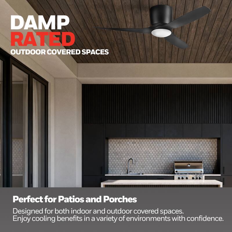 52" Honeywell Lynton Matte Black Damp-Rated Hugger Ceiling Fan with LED Light and Remote - Matte Black