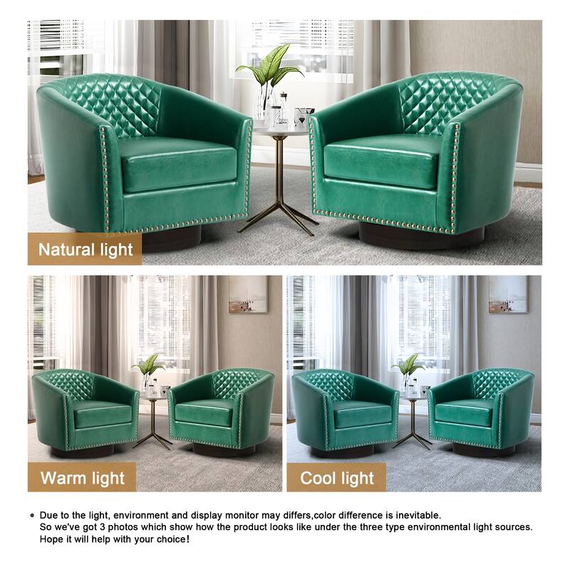 2 Set Tufted PU Vegan Leather Swivel Barrel Chair with Nailheads Trim