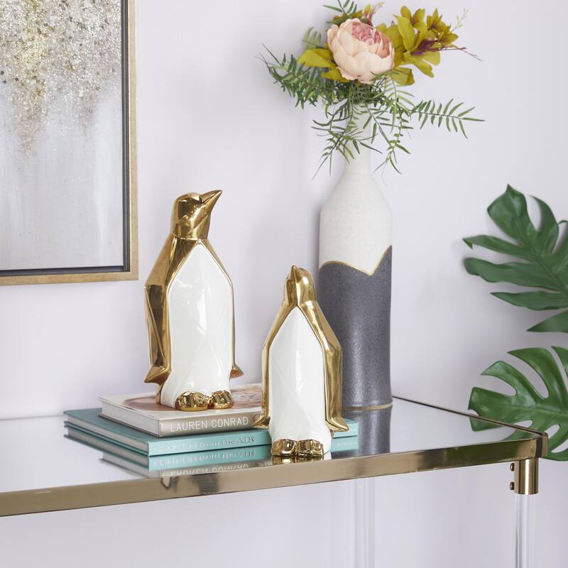 Porcelain Ceramic Penguin Decorative Sculpture - Set of 2 Gold - Roche River Decor