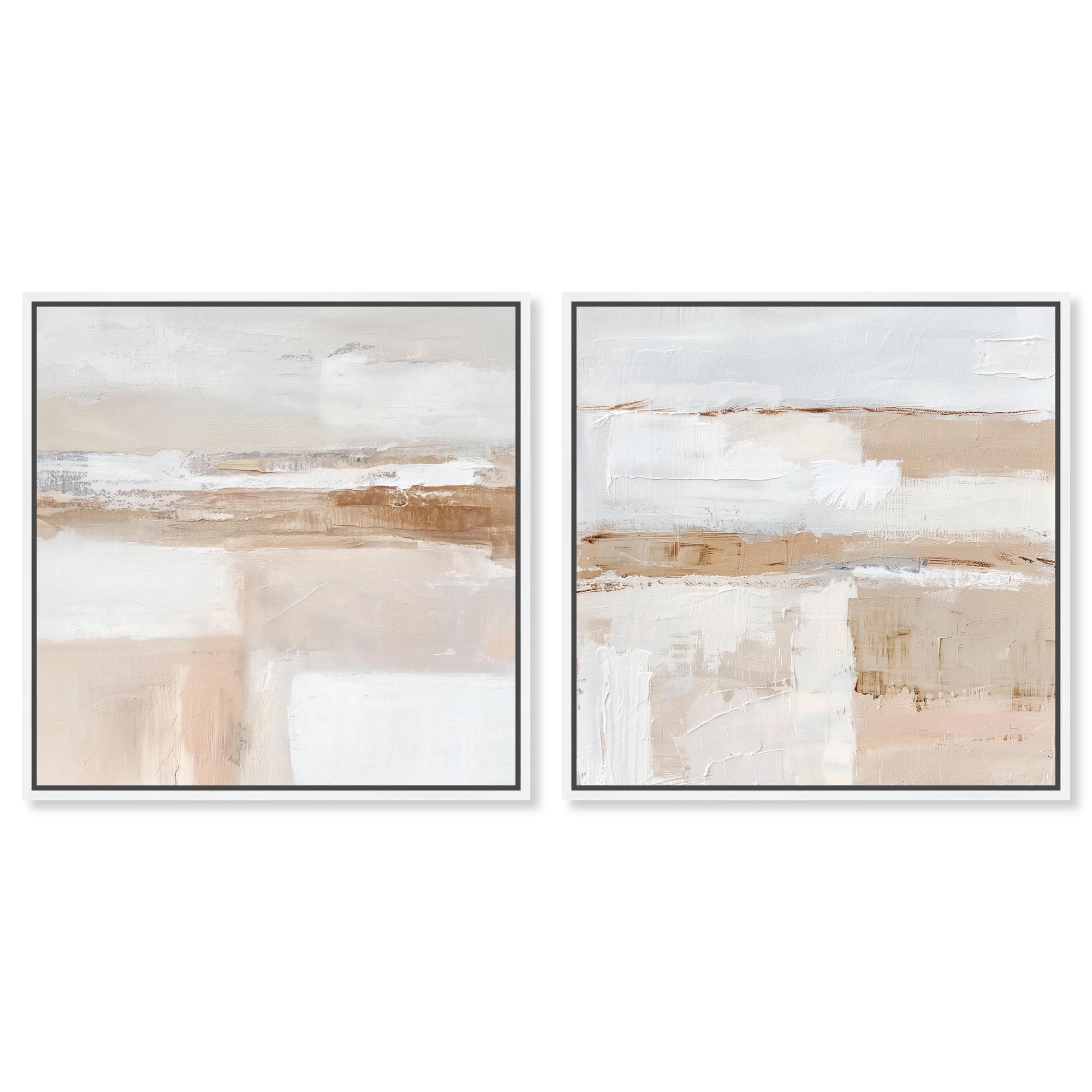 Neutral Harmony Abstract Art 2 Panel Set Framed Canvas Print by Art Remedy