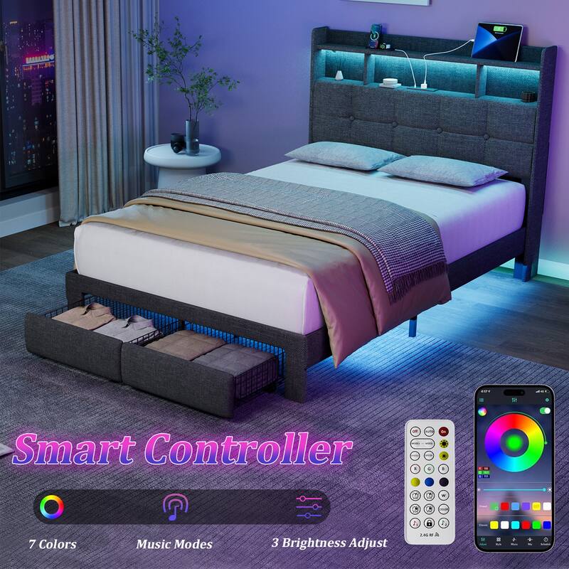 King Size Upholstered Platform Bed with LED Lights, Charging Station & Storage Headboard, No Box Spring Needed