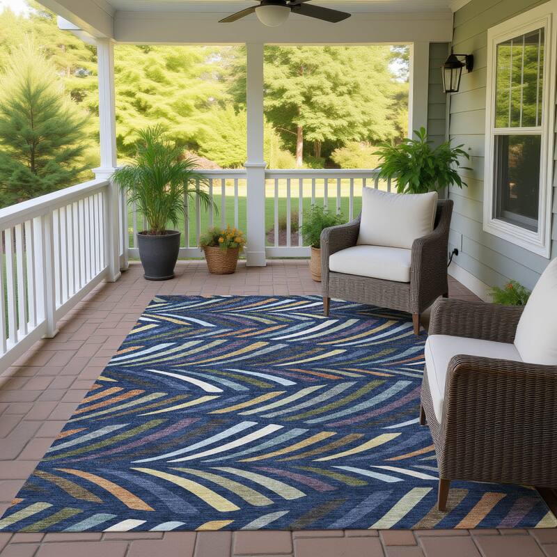 Machine Washable Indoor/ Outdoor Modern Feather Chantille Rug - Navy - 10' x 14'