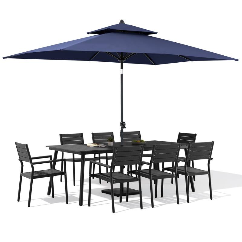 11-Piece Patio Dining Set w/10 ft Umbrella and Base, Rectangle Aluminum Table and 8 Stackable Chairs