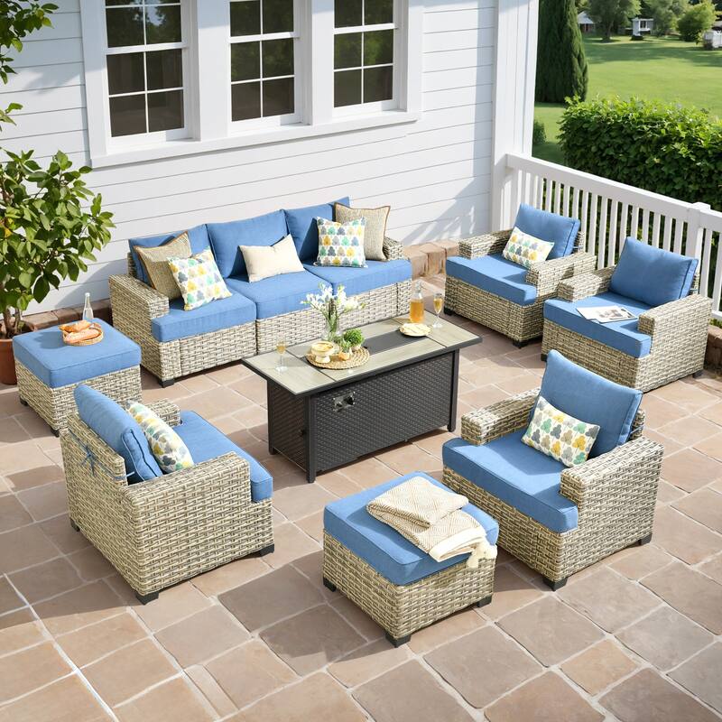 OVIOS 10 Pieces T shaped Seat Wide Armrest Set With Fire Pit - DiamondBlue